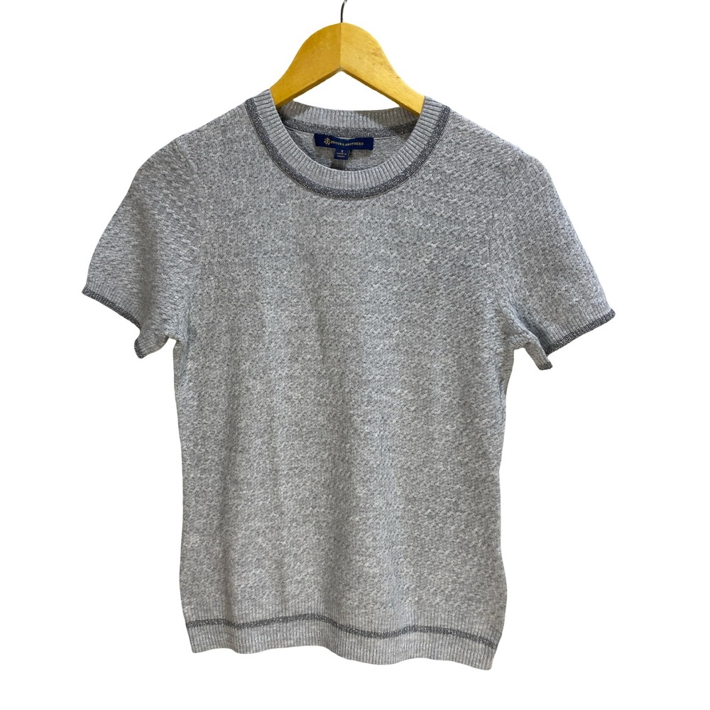 Brooks Brothers Merino Wool Blend Short Sleeve Sweater Grey Metallic Small NWT - Picture 2 of 9